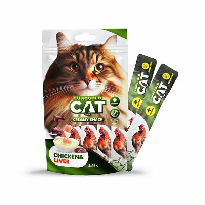 EUROGOLD CAT KREMA SIVI ÖDÜLÜ TAVUKLU-CİĞERLİ 5x15 GR 5 Lİ*12